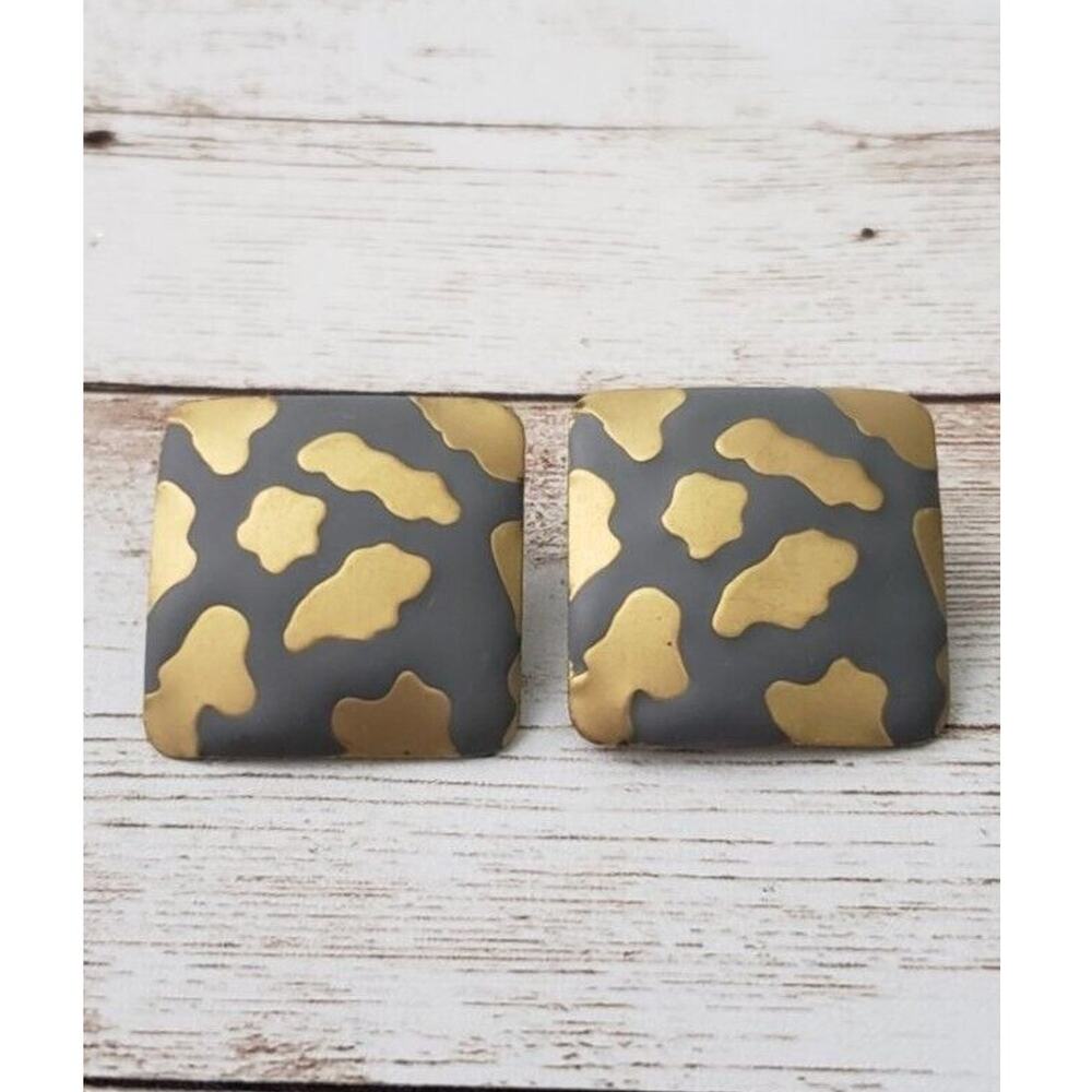 Vintage Clip On Earrings Gray & Gold Tone Square Shape Cloud Pattern Large